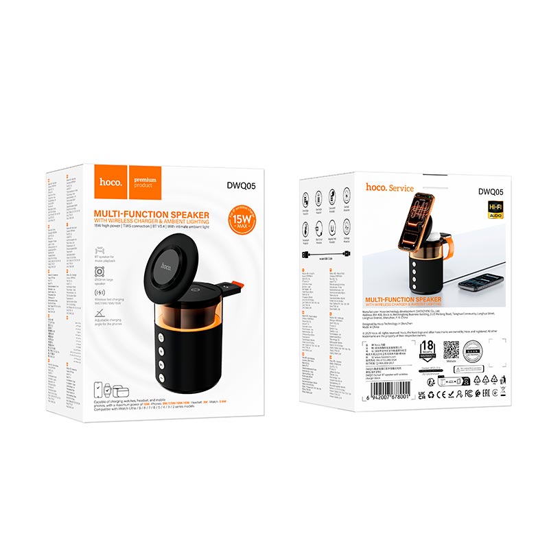 Зарядка Qi HOCO Sunset BT Speaker with 3 in 1 wireless charger DWQ05 |BT5.4, TWS, 15 W Max| black (6942007678001) Черный на картинке №3