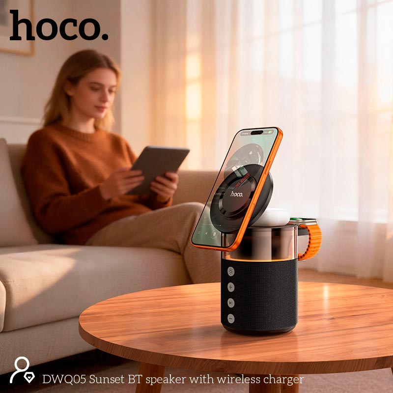 Зарядка Qi HOCO Sunset BT Speaker with 3 in 1 wireless charger DWQ05 |BT5.4, TWS, 15 W Max| black (6942007678001) Черный на картинке №9