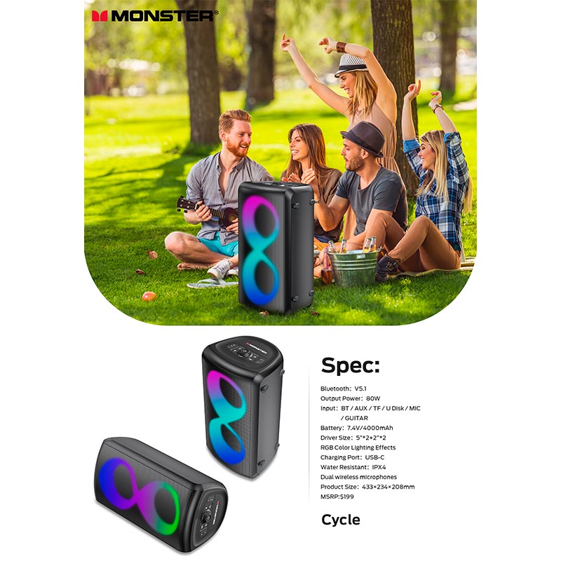 Акустика-караоке Monster Cycle (with 2 microphones) M175 (MS22138) |BT5.3, 80/160W, USB/AUX/TF, 4-8h| black (129795-02) Черный на картинке №8