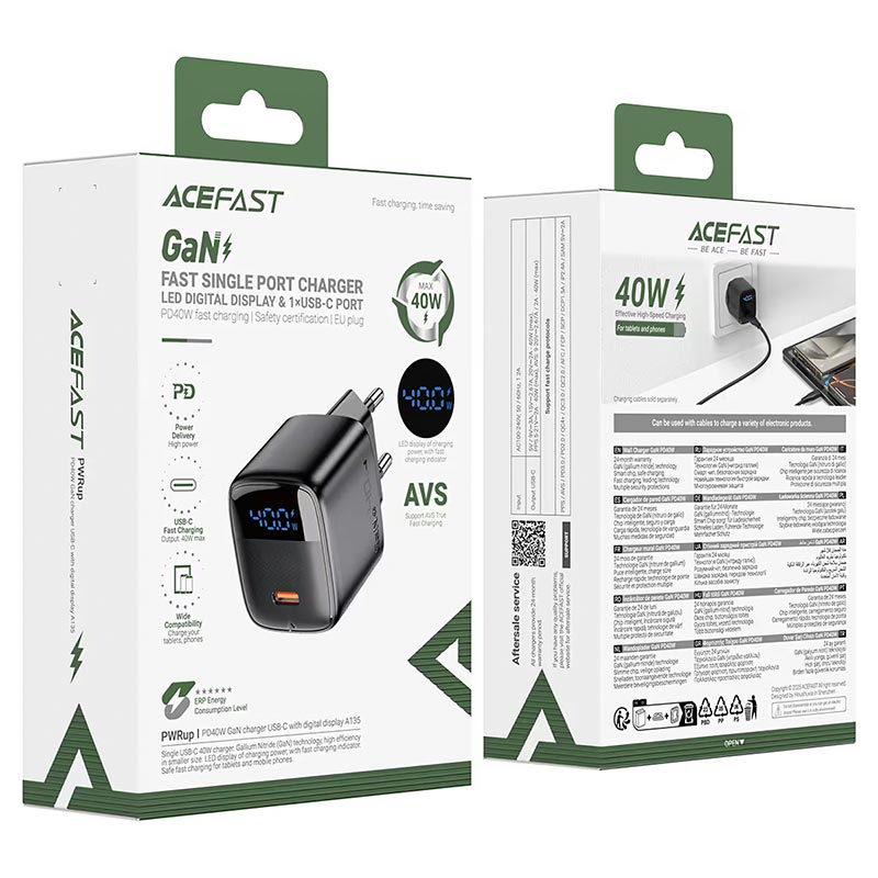 Адаптер сетевой AceFast GaN charger USB-C with digital display A135 |1Type-C, 40W/3A, PD/QC| black (6974316286226) Черный на картинке №3