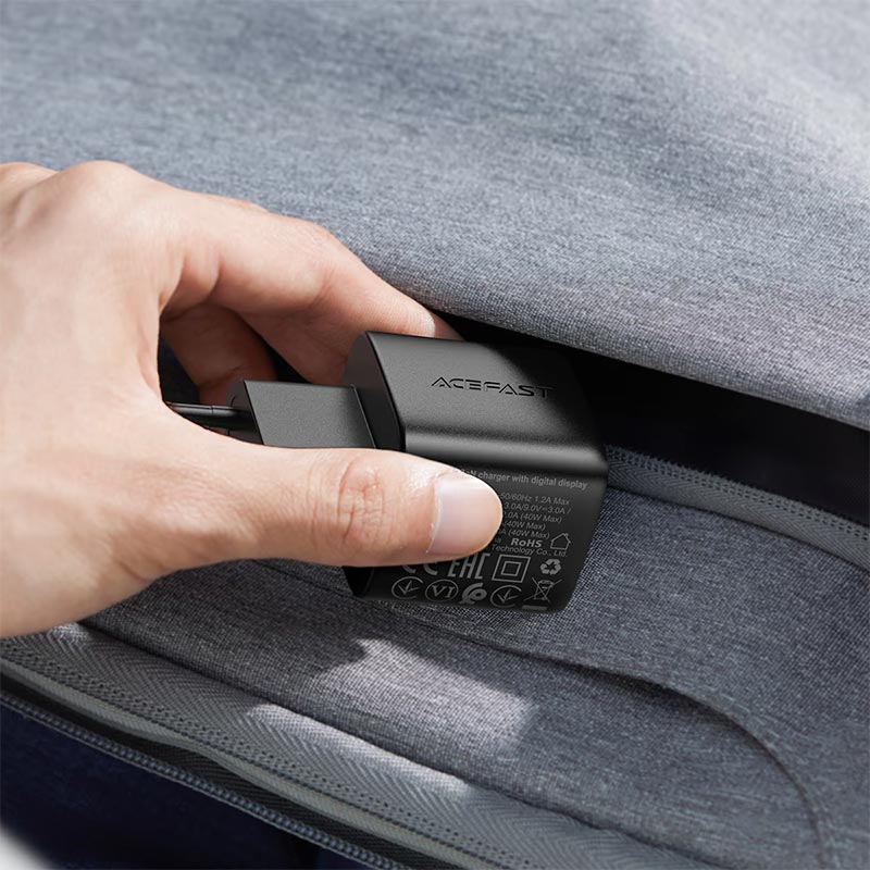 Адаптер сетевой AceFast GaN charger USB-C with digital display A135 |1Type-C, 40W/3A, PD/QC| black (6974316286226) Черный на картинке №5