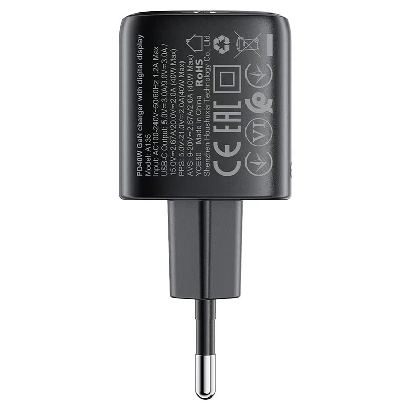 Адаптер сетевой AceFast GaN charger USB-C with digital display A135 |1Type-C, 40W/3A, PD/QC| black (6974316286226) Черный на картинке №7