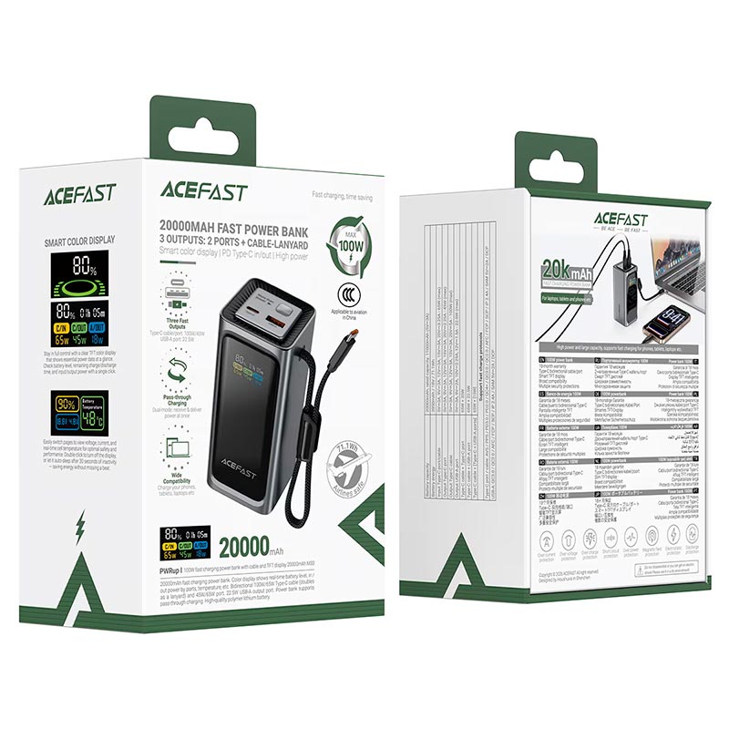 УМБ AceFast fast charging power bank with cable and TFT display M33 20000mAh |1USB/1Type-C, PD/QC, 100W/3A| black (6974316286363) Черный на картинке №3