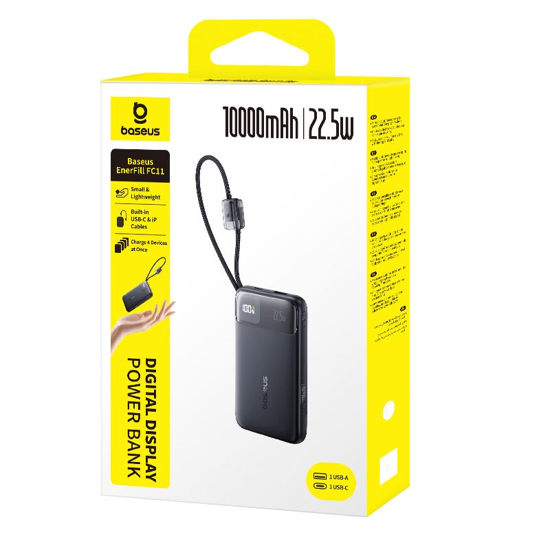 УМБ Baseus EnerFill Digital Display Power Bank with Dual Built-in Cables FC11 10000mAh |1USB/1Type-C, 22.5W/3A, PD/QC| black (E0027R04) Черный на картинке №13