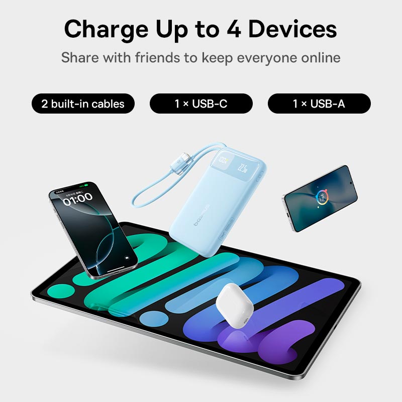 УМБ Baseus EnerFill Digital Display Power Bank with Dual Built-in Cables FC11 10000mAh |1USB/1Type-C, 22.5W/3A, PD/QC| black (E0027R04) Черный на картинке №7