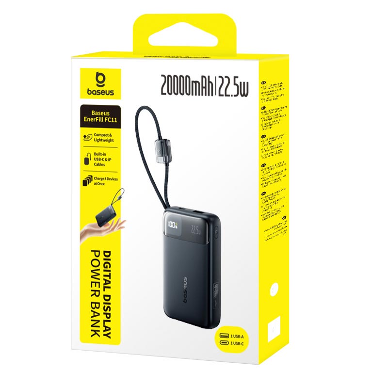 УМБ Baseus EnerFill Digital Display Power Bank with Dual Built-in Cables FC11 20000mAh |1USB/1Type-C, 22.5W/3A, PD/QC| black (E0027S04) Черный на картинке №12