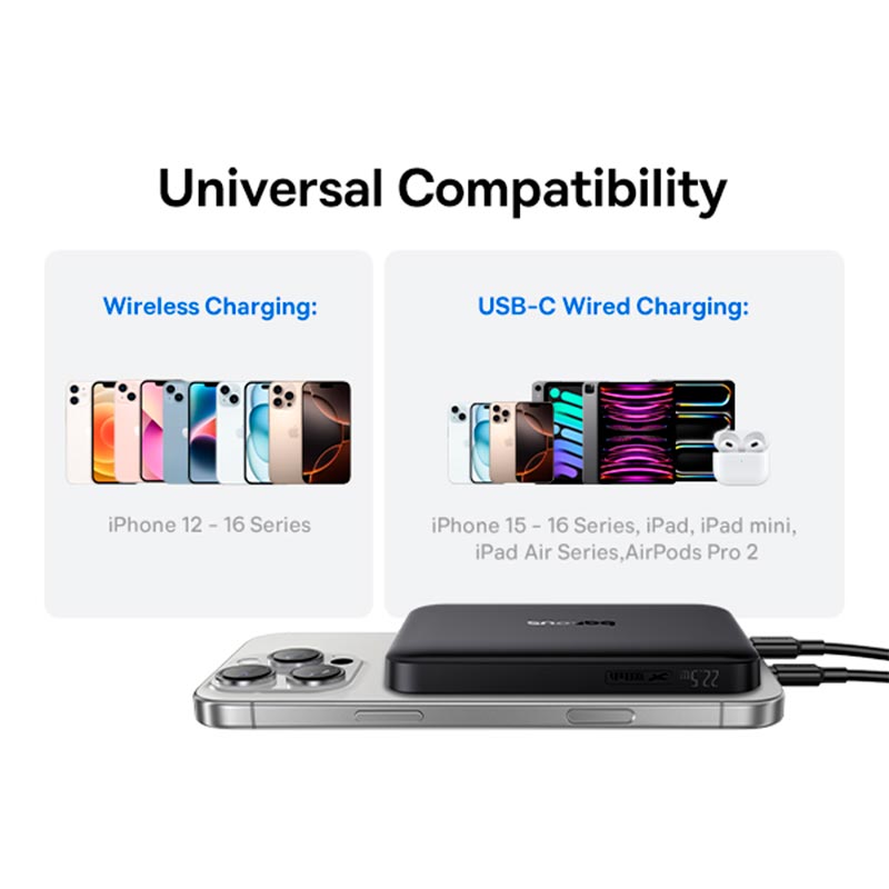 УМБ Baseus EnerFill Qi2 Magnetic Power Bank FM12 10000mAh |1Type-C, 22.5W/3A, PD/QC| black (E0028500) Черный на картинке №12