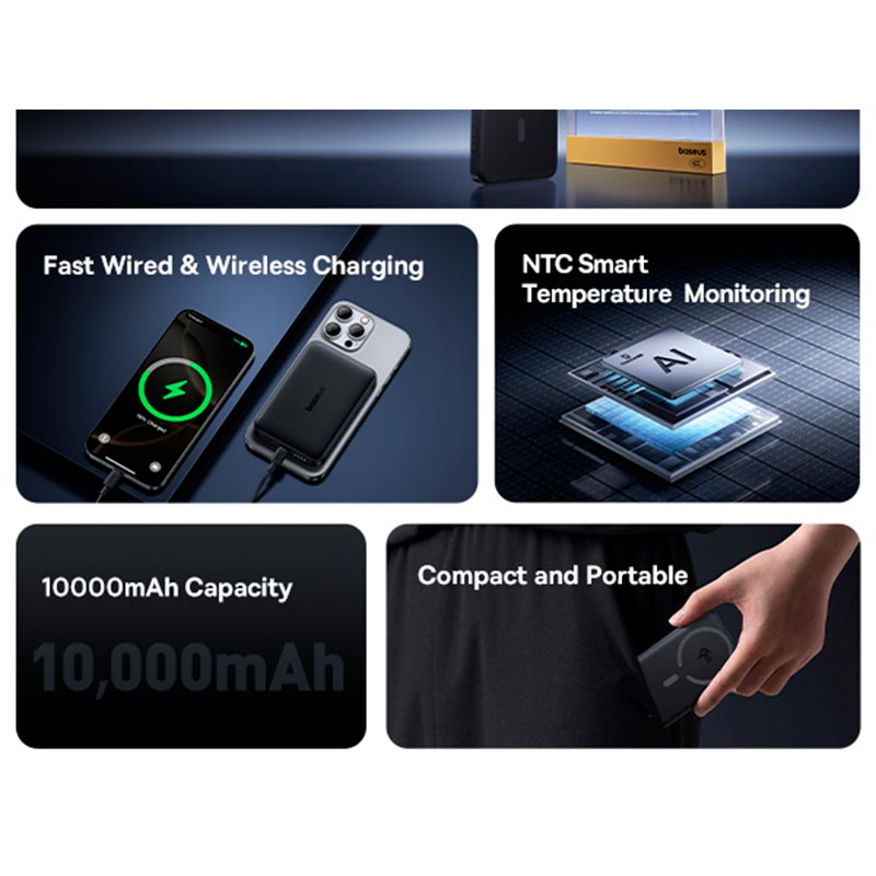 УМБ Baseus EnerFill Qi2 Magnetic Power Bank FM12 10000mAh |1Type-C, 22.5W/3A, PD/QC| black (E0028500) Черный на картинке №2