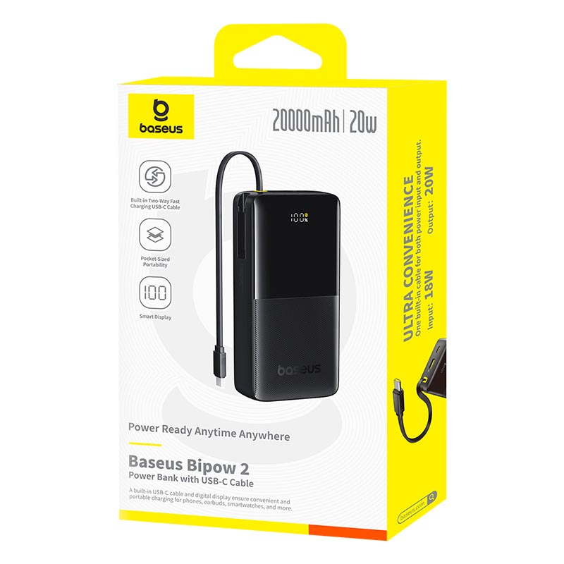 УМБ Baseus Bipow 2 Digital Display Power Bank With Built-in USB-C Cable 20000mah |1USB/1Type-C, 20W/3A, PD/QC| black (P10077101113-01) Черный на картинке №3