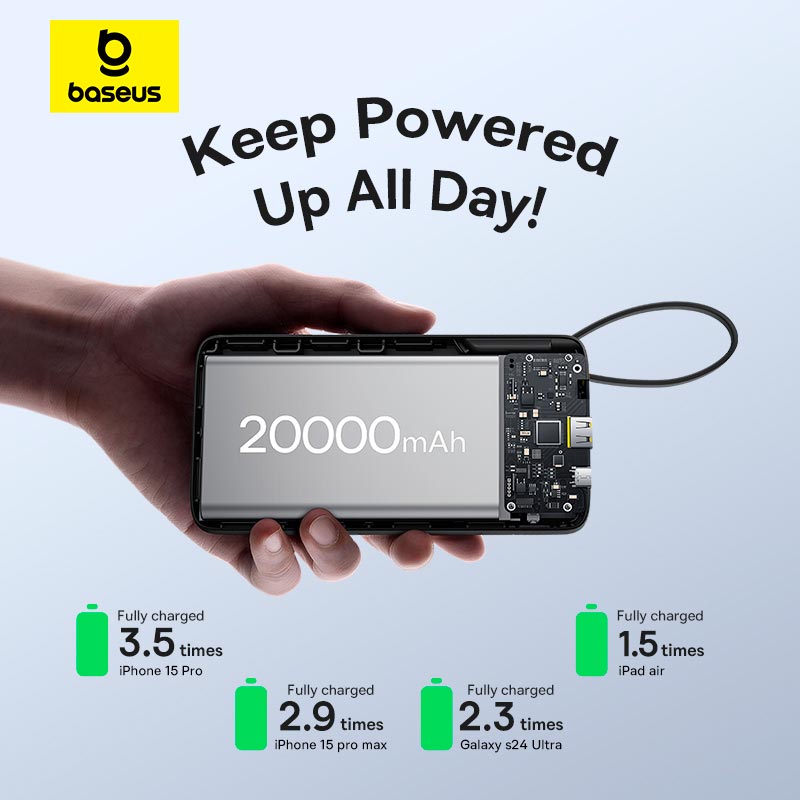 УМБ Baseus Bipow 2 Digital Display Power Bank With Built-in USB-C Cable 20000mah |1USB/1Type-C, 20W/3A, PD/QC| black (P10077101113-01) Черный на картинке №6