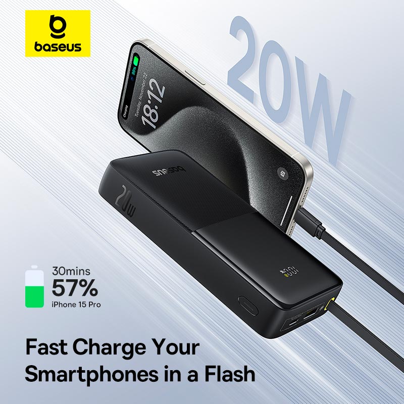 УМБ Baseus Bipow 2 Digital Display Power Bank With Built-in USB-C Cable 20000mah |1USB/1Type-C, 20W/3A, PD/QC| black (P10077101113-01) Черный на картинке №7