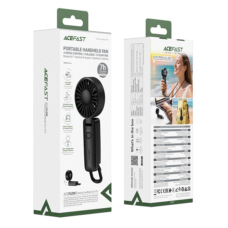 Портативный вентилятор Acefast folding handheld fan YF2 |4 spped, 2-7h| black (6974316286660) Черный на картинке №3