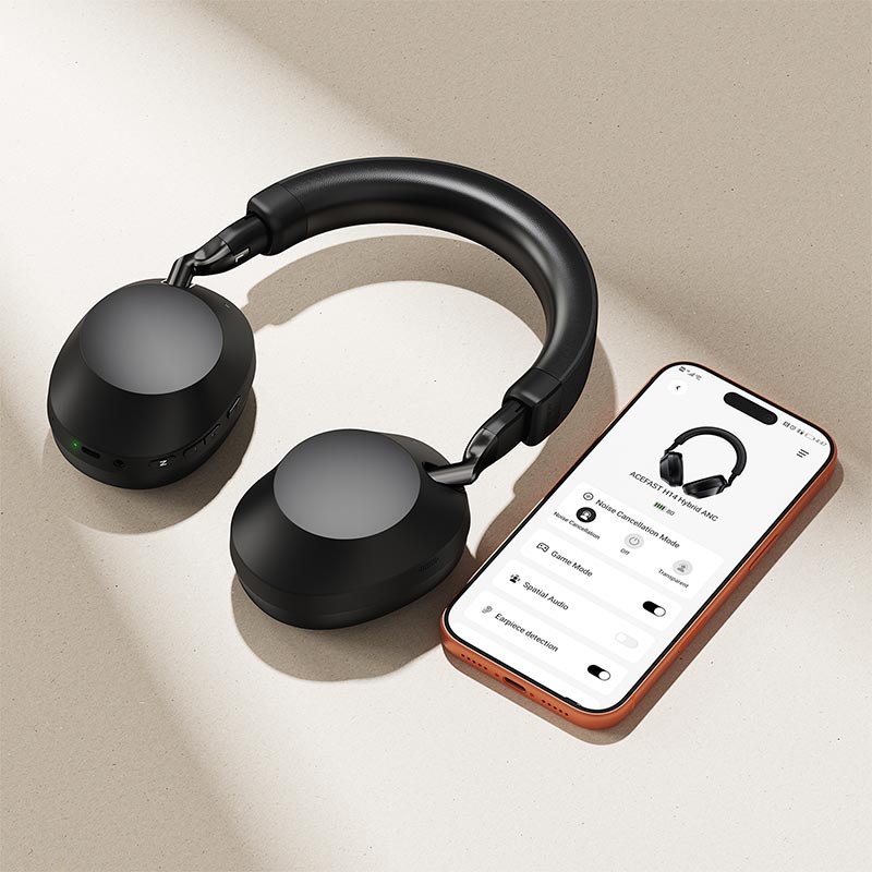 Наушники Acefast hybrid ANC wireless headset H14 |BT6.0, 50/80H, AUX, App| black (6974316286264) Черный на картинке №4