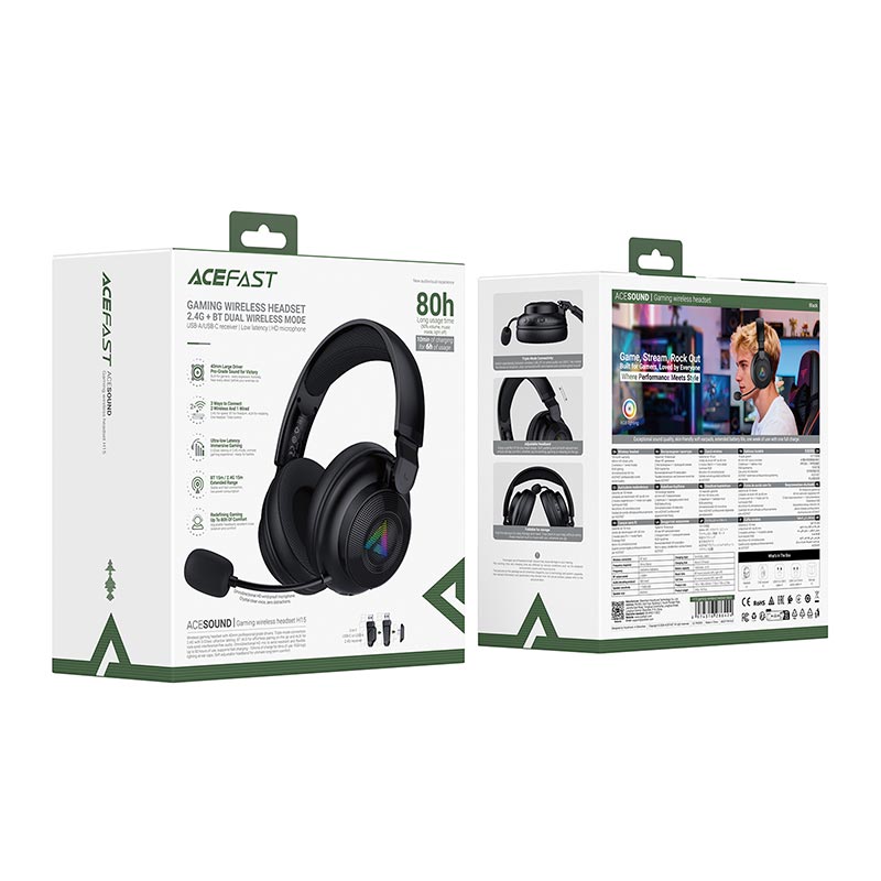 Наушники Acefast RGB gaming wireless headset H15 |BT6.0/2.4G/AUX, 60/80H| black (6974316286424) Черный на картинке №8