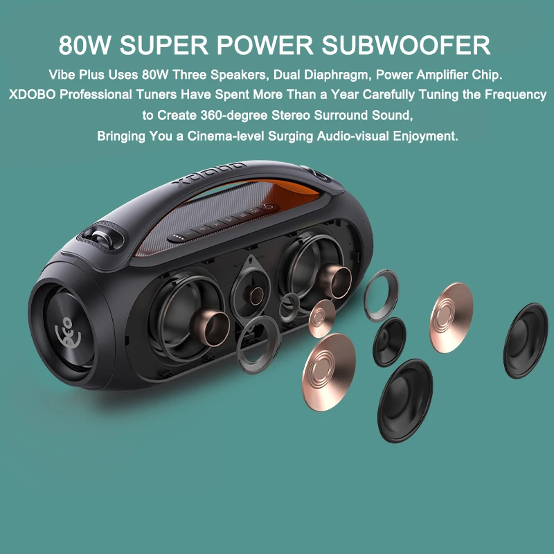 Portable Bluetooth Speaker xdobo Vibe Plus IPX5 BT5.0, AUX/TF/USB, 80W, TWS, 10-16h Фото №2