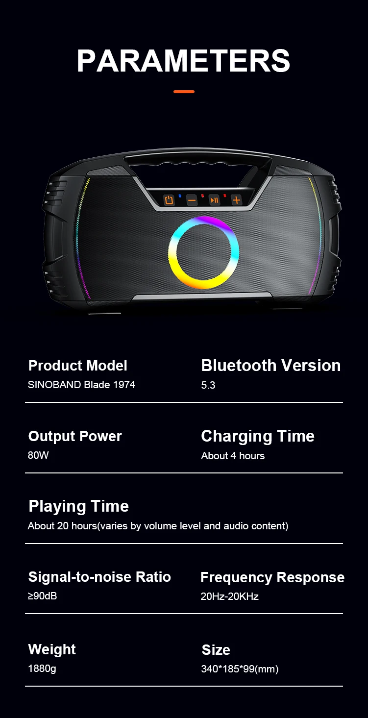XDOBO Sinoband Blade 1974 80W Bass Power Wireless Speaker | IPX7 | BT5.3 | TWS | AUX/TF | 20h | RGB Фото №11